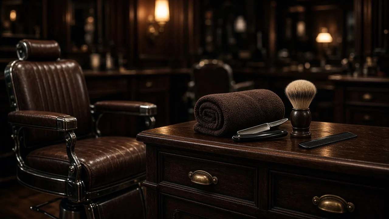 A vintage leather barber chair beside a dark wood counter with a rolled hot towel, straight razor, shaving brush and comb